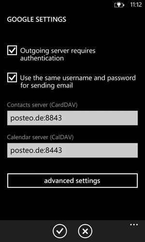 For "Contacts server (CardDAV)" enter "posteo.de:8843" and for "Calendar server (CalDAV)", "posteo.de:8443".